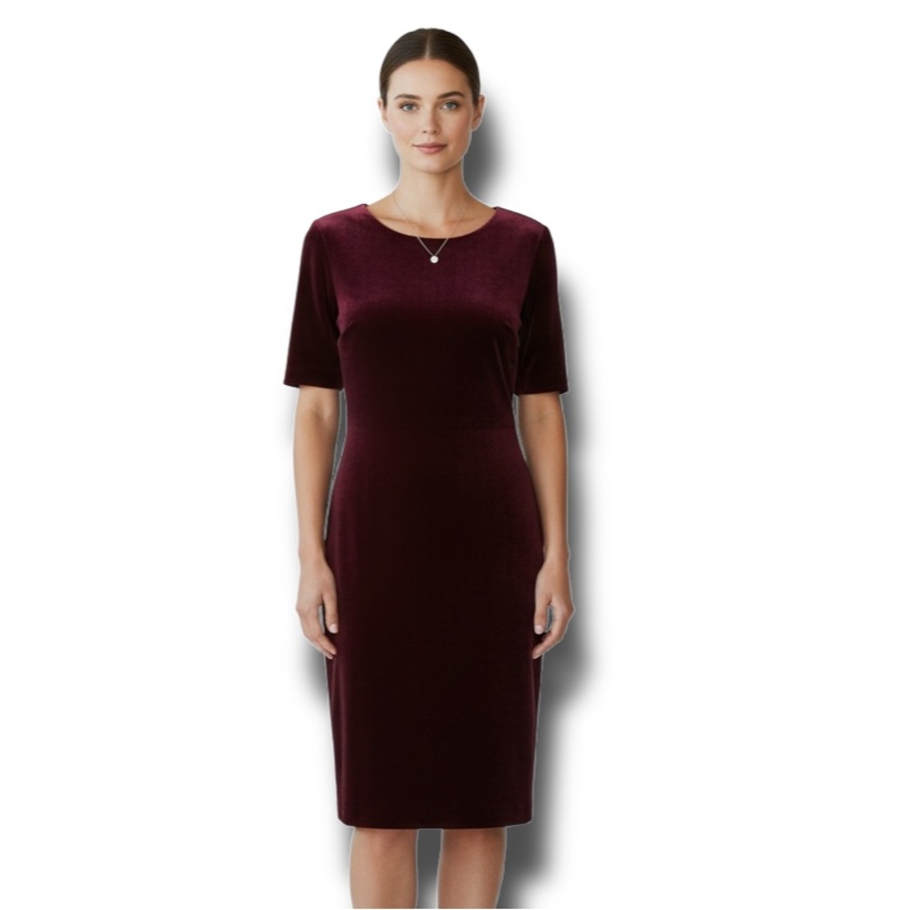 SLNY Women's Burgundy Velvet Sheath Dress | Short Sleeve Midi Cocktail Party 16